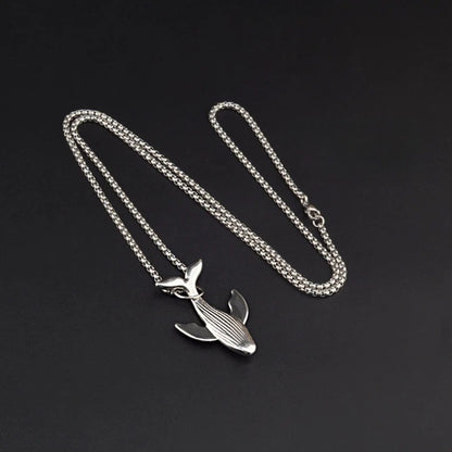 Titanium Steel Whale Fall Pendant Necklace for Men Unisex Vintage Silver Humpback Whale Tail Charm Long Box Chain Sweater Necklace Hip Hop Streetwear Minimalist Ocean Jewelry Aesthetic Gift 27.5 Inches