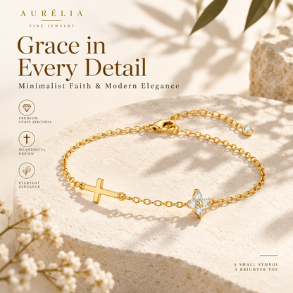 Gold-Tone Cross and Clover Bracelet for Women, Electroplated Brass Adjustable Chain with Clear Stone Accents, Dainty Everyday Jewelry