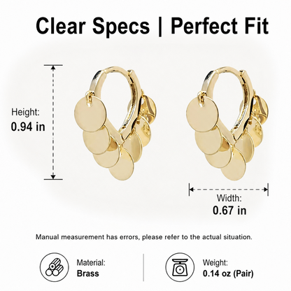 Lightweight Gold Plated Shimmering Disc Tassel Hoop Earrings Gentle Movement Dainty Dangle Huggies Comfortable Everyday Statement Ear Rings for Sensitive Ears