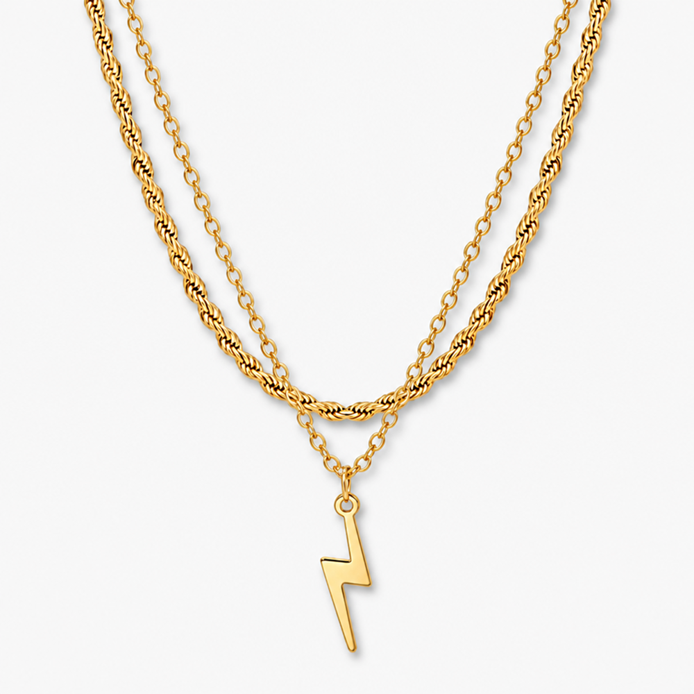 women's 2-piece gold-tone electroplated brass layered lightning bolt necklace set
