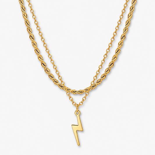 Women's 2-Piece Gold-Tone Electroplated Brass Layered Lightning Bolt Necklace Set
