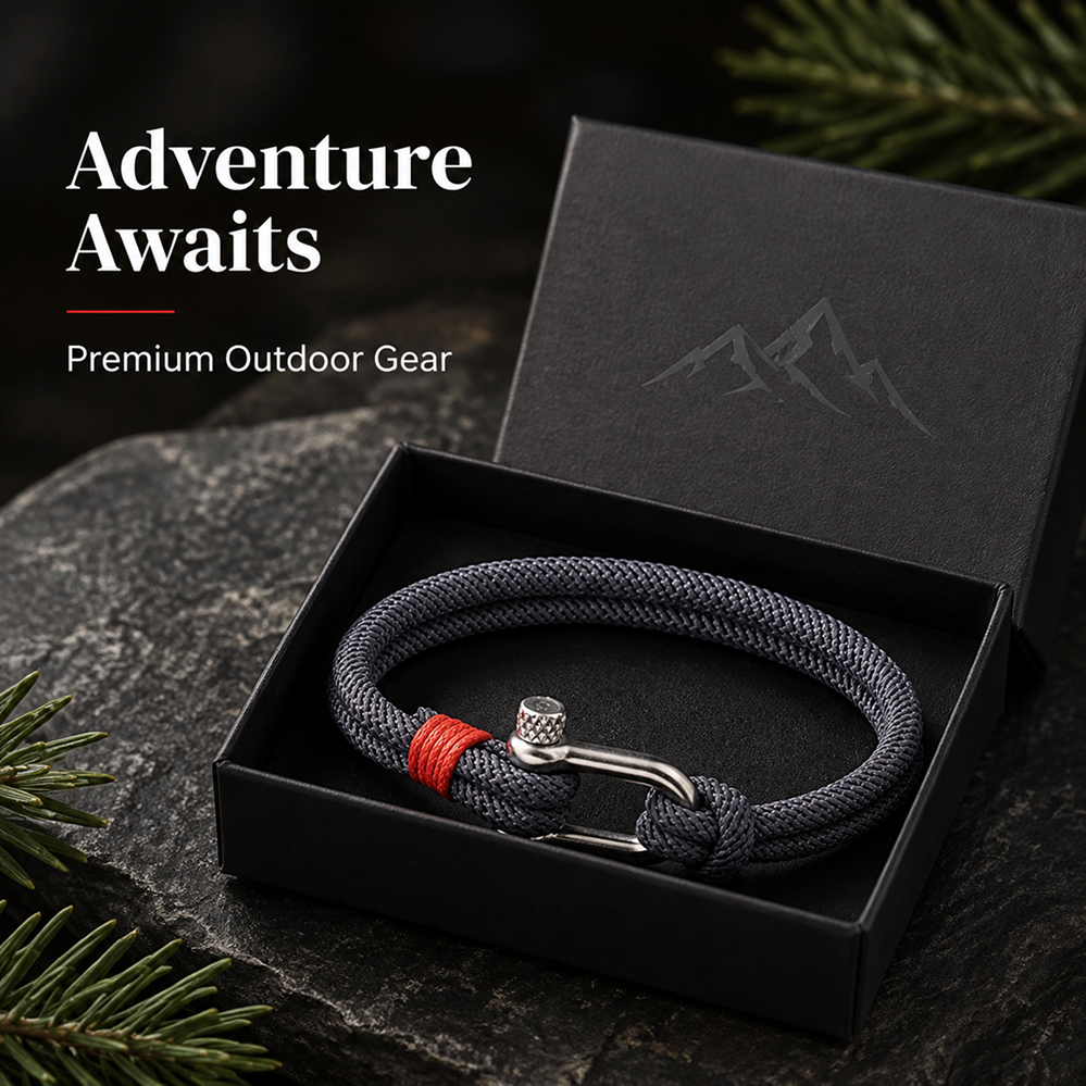 stainless steel shackle rope bracelet for men, u-shaped screw clasp, gray red unisex outdoor couple wristband