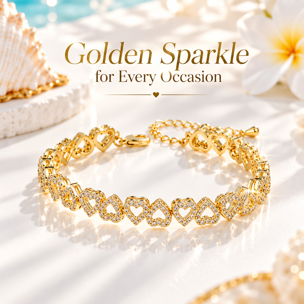 heart link bracelet for women, gold-tone brass with zircon stones, alternating open heart design, adjustable 6.69 inch length with 2 inch extender and lobster clasp, sparkling jewelry for daily wear, date nights, weddings, birthdays and anniversary g