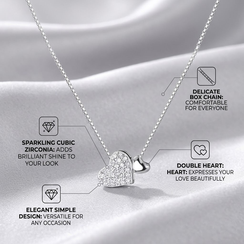 double heart pendant necklace for women crystal pavé interlocking hearts charm choker dainty layering clavicle chain sweet romantic aesthetic light luxury ins trendy costume jewelry anniversary birthday gift for girlfriend teen girls 40cm+5cm