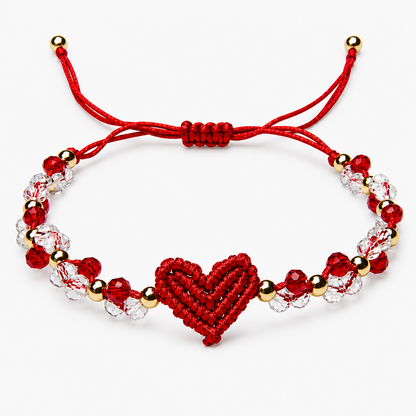 Handwoven Red Heart Macrame Bracelet for Women – Adjustable Bead Gift
