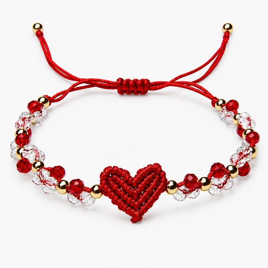 Handwoven Red Heart Macrame Bracelet for Women – Adjustable Bead Gift