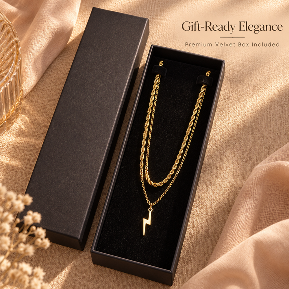 women's 2-piece gold-tone electroplated brass layered lightning bolt necklace set