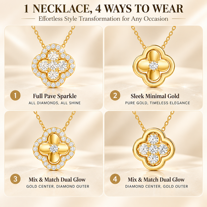 Convertible Four-Leaf Clover Brass Necklace for Women – Gold-Plated Lucky Crystal Pendant, Dainty Choker with Adjustable Link Chain, Valentine's Day Jewelry Gift for Her