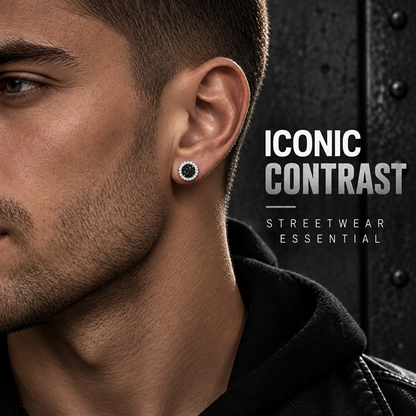 Men's Titanium Steel Black Cluster Stud Earrings with Clear Round Halo, 1 Pair