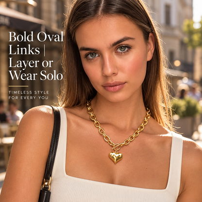 Women's Gold-Plated Brass Puffed Heart Pendant Necklace with Chunky Chain and Toggle Clasp