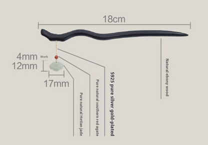 Natural Black Ebony Wood & Hetian Jade Hairpin - Hair Stick Accessory