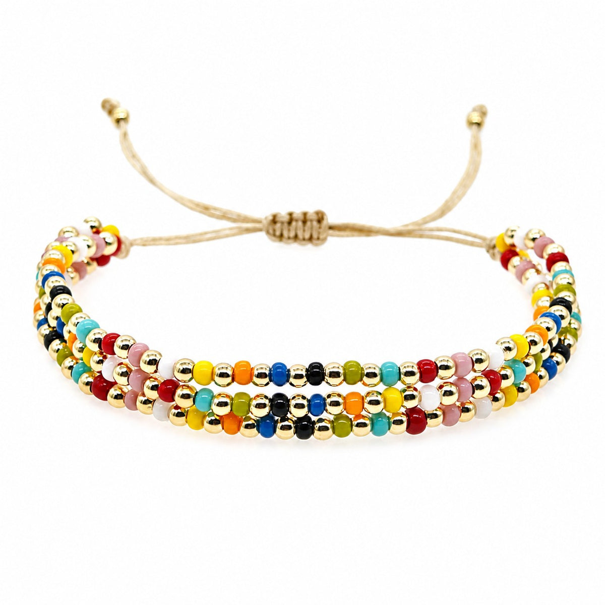three-strand beaded bracelet for women, glossy multicolor beads with gold-tone round beads, adjustable sliding knot cord closure, boho vintage style layered design with dangling cord ends, colorful jewelry for everyday wear, vacations and birthday gi