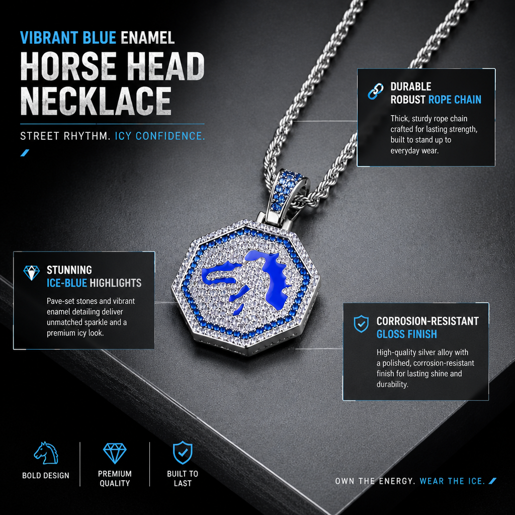 vibrant blue enamel horse head necklace sparkling micro pave cubic zirconia medallion high polish tarnish resistant hypoallergenic twist rope chain edgy street style pendant for men