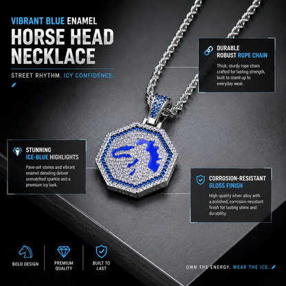 Vibrant Blue Enamel Horse Head Necklace Sparkling Micro Pave Cubic Zirconia Medallion High Polish Tarnish Resistant Hypoallergenic Twist Rope Chain Edgy Street Style Pendant for Men