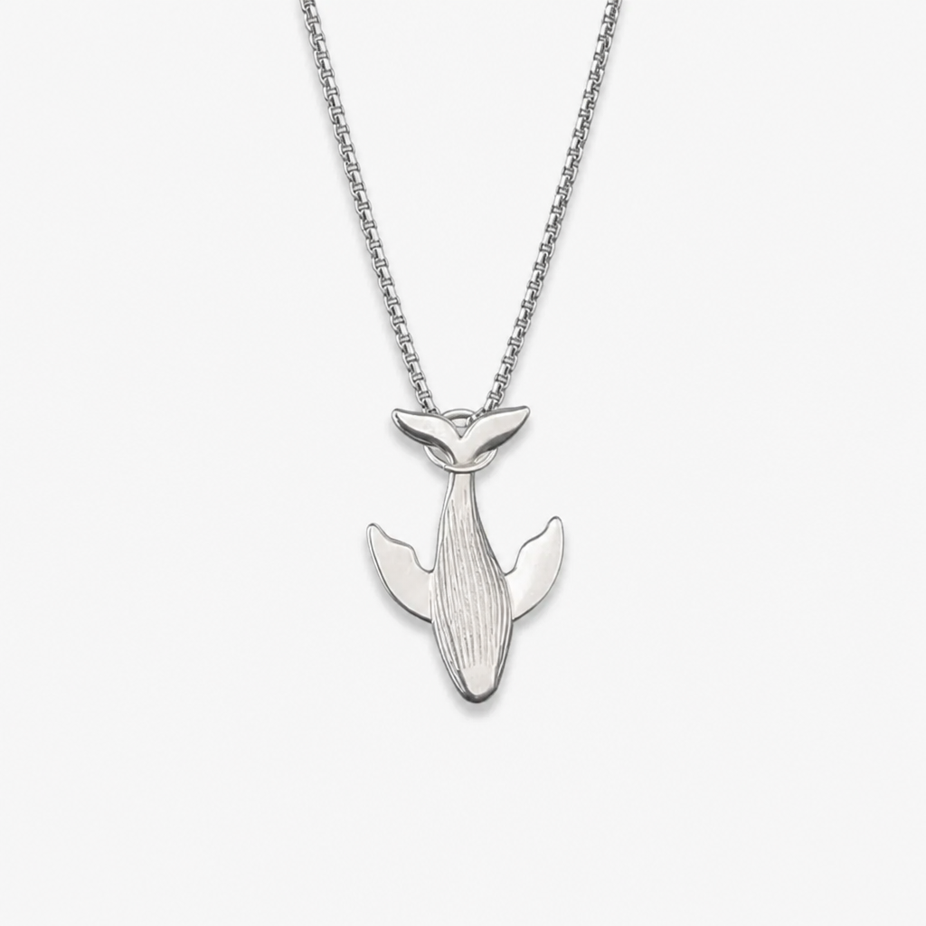 titanium steel whale fall pendant necklace for men unisex vintage silver humpback whale tail charm long box chain sweater necklace hip hop streetwear minimalist ocean jewelry aesthetic gift 27.5 inches
