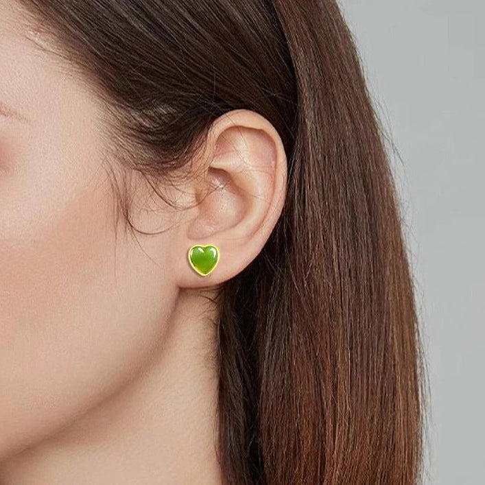 spinach green natural hetian jade heart earrings - s925 silver setting