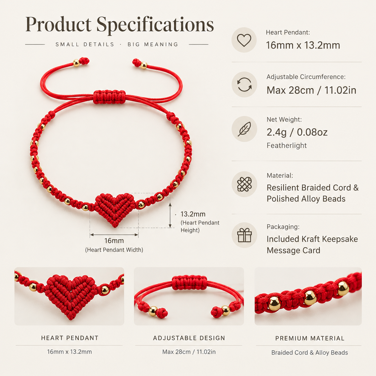 red cord heart bracelet with gold-tone beads, sliding knot and love message card