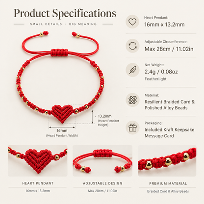 Red Cord Heart Bracelet with Gold-Tone Beads, Sliding Knot and Love Message Card