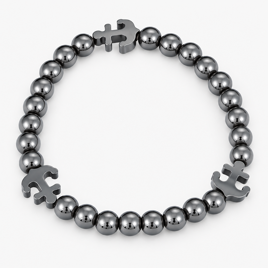 Men's Black Bead Elastic Bracelet with Anchor Charms