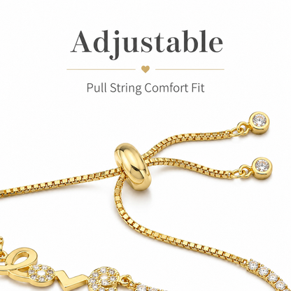 Sparkling Premium Cubic Zirconia LOVE Script Nameplate Bracelet Tarnish Resistant Base Skin Safe Hypoallergenic Adjustable Pull String Comfort Fit Evening Wear Gift