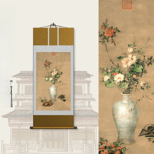 Famous Chinese Painting:  Castiglione’s Dragon Boat Festival Scroll with Porcelain Vase HD print | STAR8S