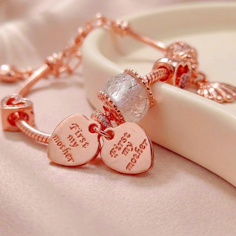 rose charm bracelet for women teen girls sweet rose flower heart pendant bangle layering beaded chain bracelet valentine's day birthday romantic jewelry gift for her