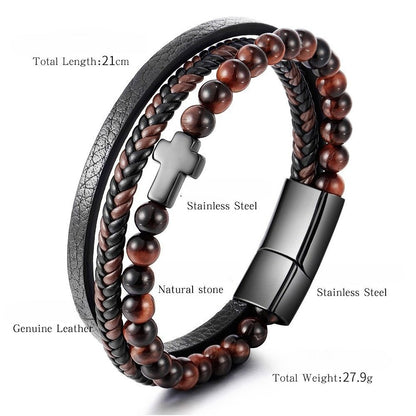 Stainless Steel Cross Bracelet for Men - Natural Tiger Eye Agate Stone Multi-Layer Woven Leather Bracelet - STAR8S