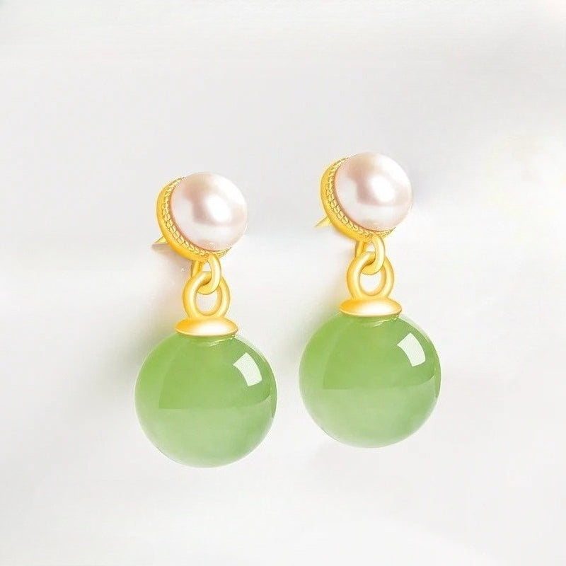 s925 silver inlaid jade green ball earrings