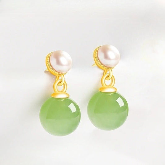 S925 Silver Inlaid Jade Green Ball Earrings