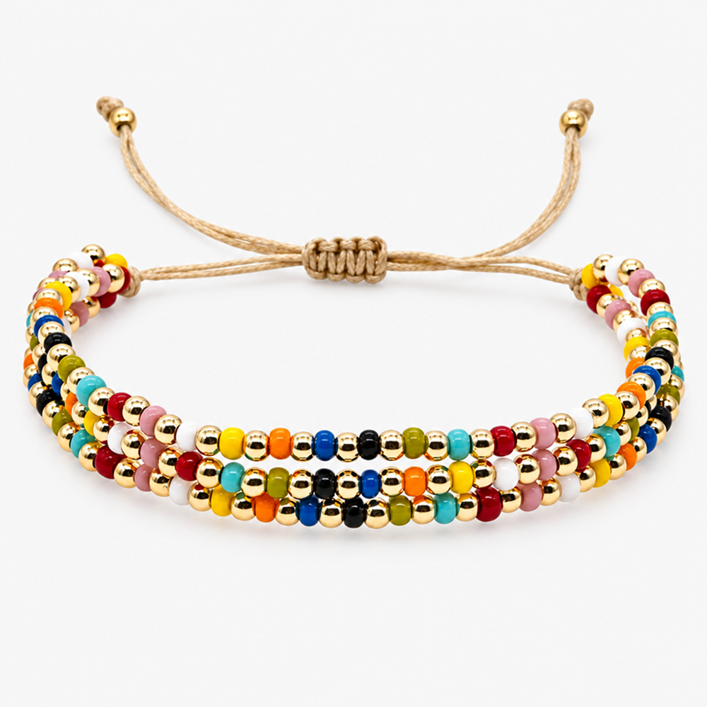 three-strand beaded bracelet for women, glossy multicolor beads with gold-tone round beads, adjustable sliding knot cord closure, boho vintage style layered design with dangling cord ends, colorful jewelry for everyday wear, vacations and birthday gi