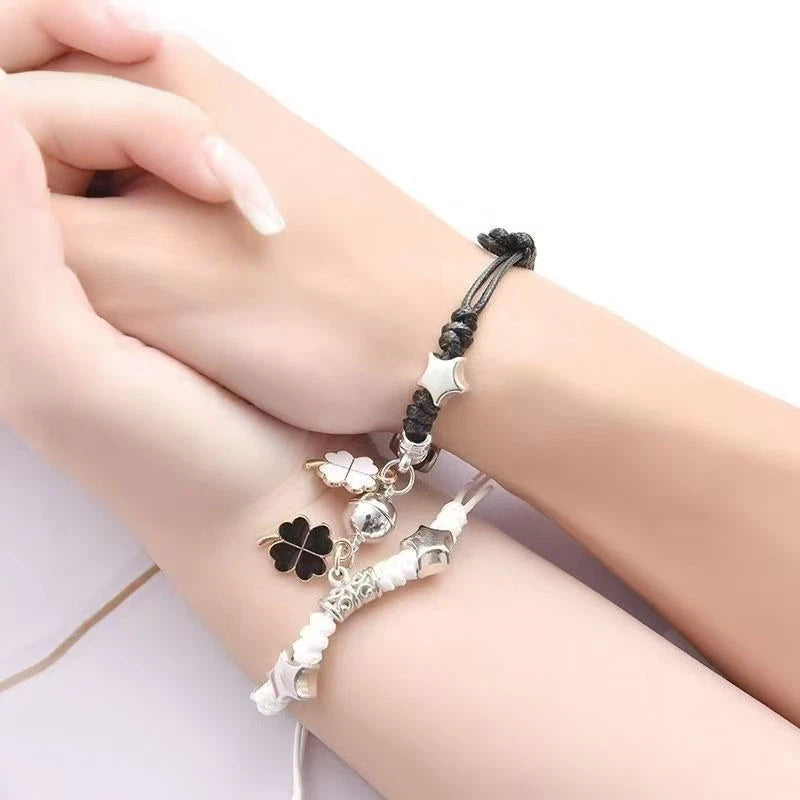 magnetic couples bracelets matching four leaf clover friendship bracelets mutual attraction braided rope cord bracelet set for boyfriend girlfriend long distance relationship jewelry gift black white 2pcs