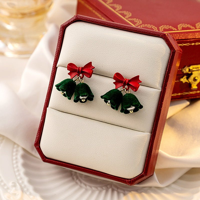 Festive Velvet Bell Earrings with Bow & Pearl | Vintage Christmas Drop Earrings for Women - STAR8S