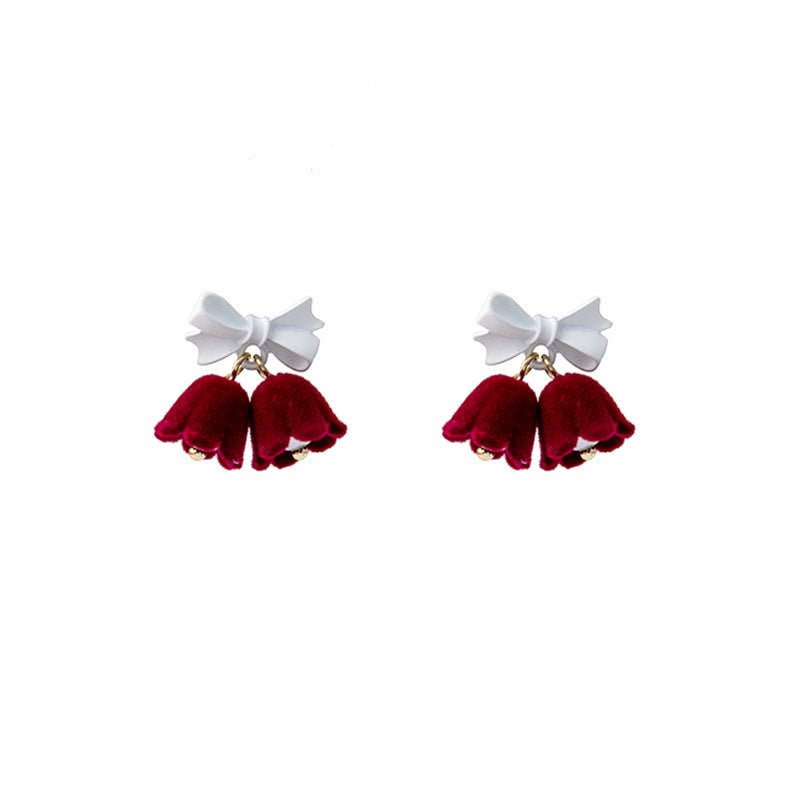 Festive Velvet Bell Earrings with Bow & Pearl | Vintage Christmas Drop Earrings for Women - STAR8S