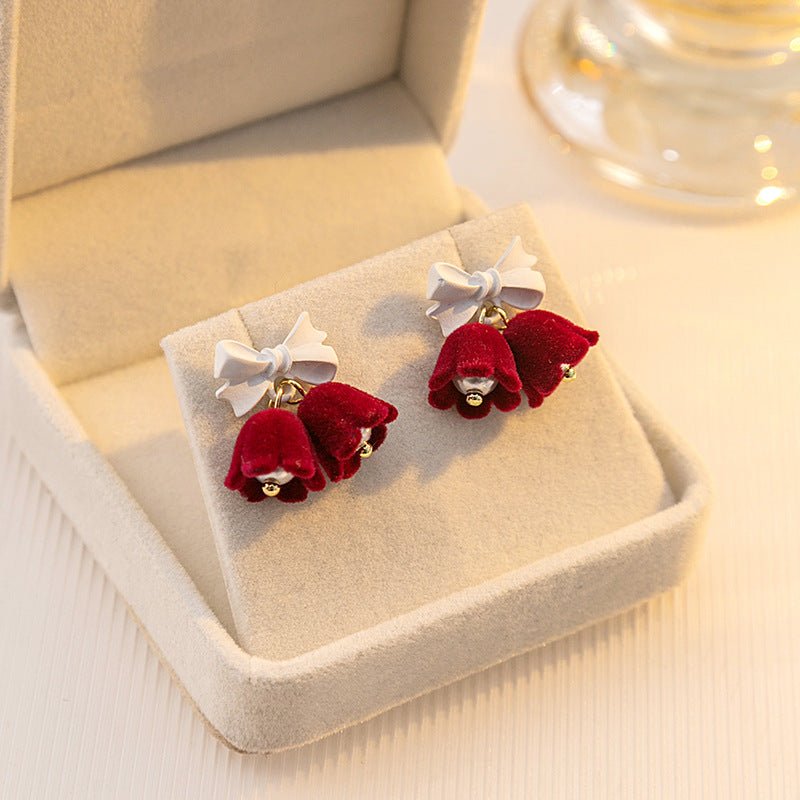 festive velvet bell earrings with bow & pearl | vintage christmas drop earrings for women - star8s