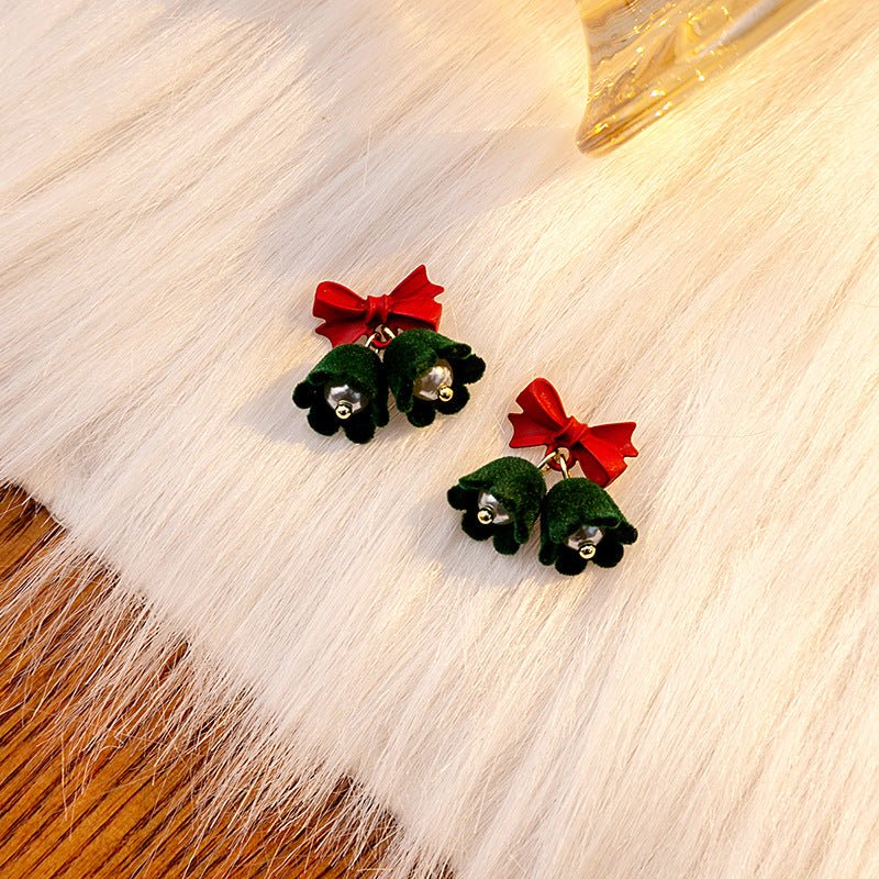 Festive Velvet Bell Earrings with Bow & Pearl | Vintage Christmas Drop Earrings for Women - STAR8S