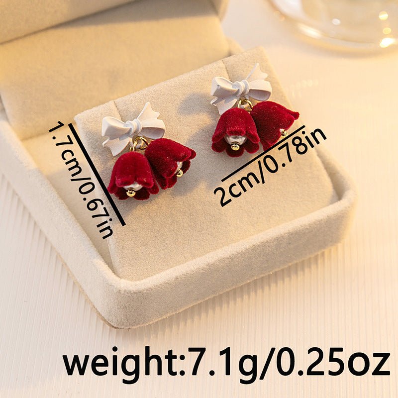 Festive Velvet Bell Earrings with Bow & Pearl | Vintage Christmas Drop Earrings for Women - STAR8S