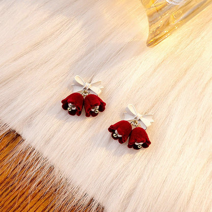 Festive Velvet Bell Earrings with Bow & Pearl | Vintage Christmas Drop Earrings for Women - STAR8S