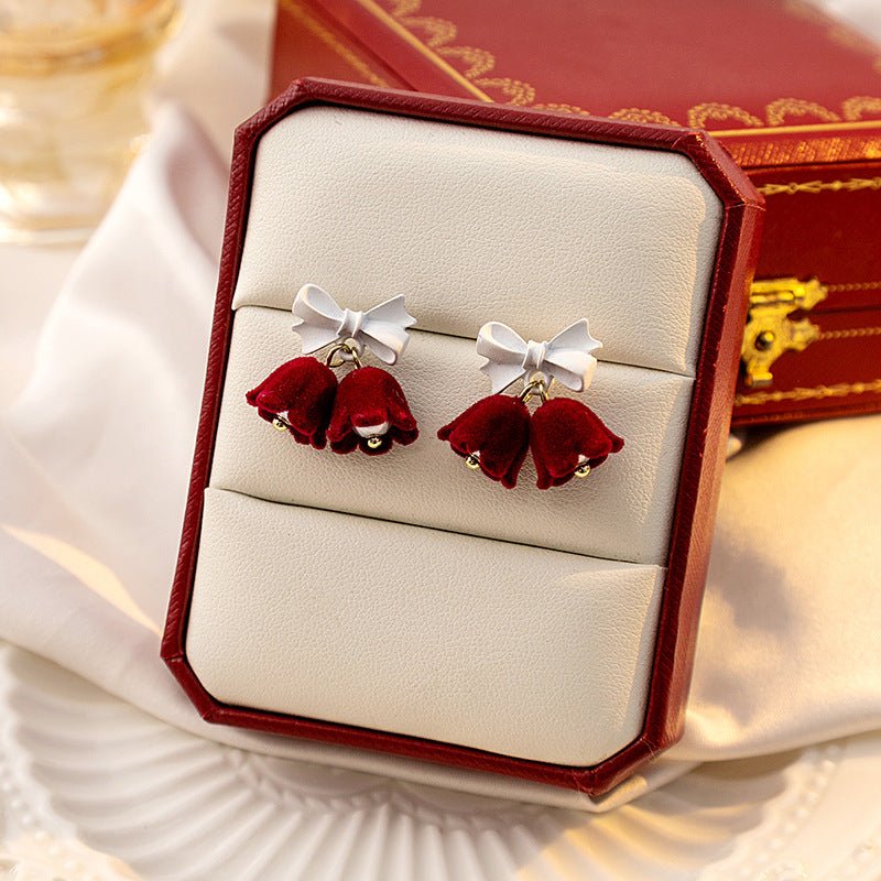 festive velvet bell earrings with bow & pearl | vintage christmas drop earrings for women - star8s