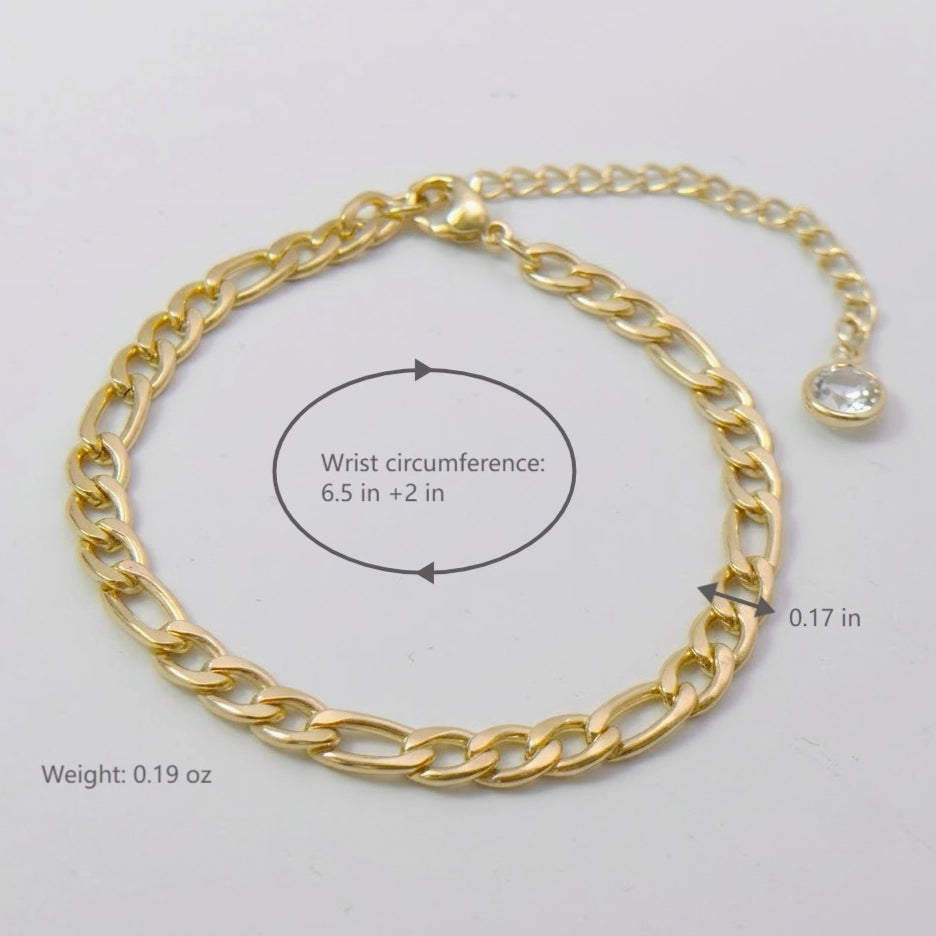 sleek tarnish resistant gold tone figaro link copper bracelet high polish classic italian style pattern adjustable comfort fit non-fading everyday waterproof hand ornament