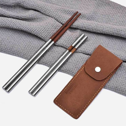 Foldable Chopsticks Portable Set Outdoor Camping Solo Use with Leather Case - STAR8S