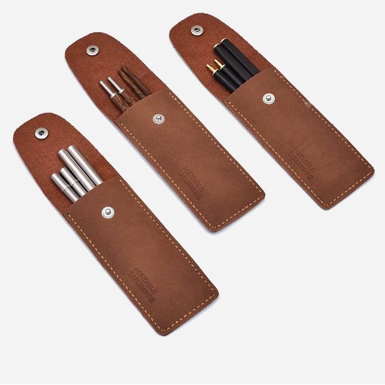 Foldable Chopsticks Portable Set Outdoor Camping Solo Use with Leather Case - STAR8S