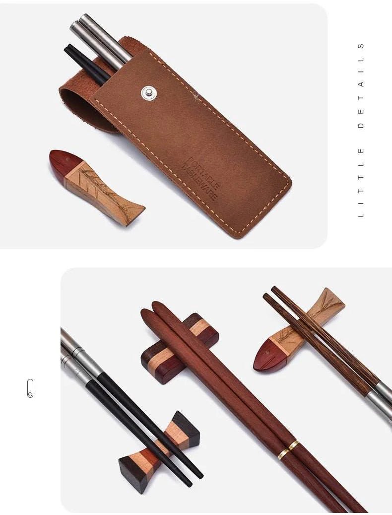 foldable chopsticks portable set outdoor camping solo use with leather case - star8s