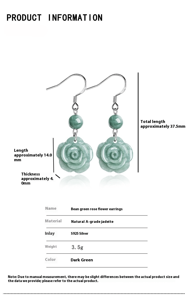 genuine jadeite bean green rose earrings, s925 silver – elegant women's jewelry - star8s