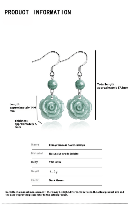 Genuine Jadeite Bean Green Rose Earrings, S925 Silver – Elegant Women's Jewelry - STAR8S