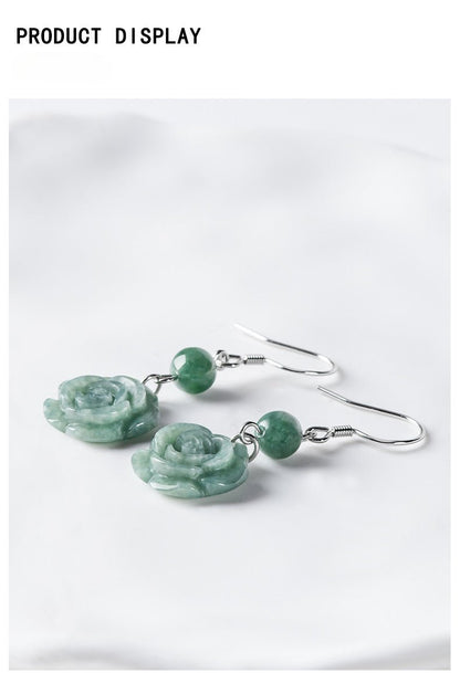 Genuine Jadeite Bean Green Rose Earrings, S925 Silver – Elegant Women's Jewelry - STAR8S