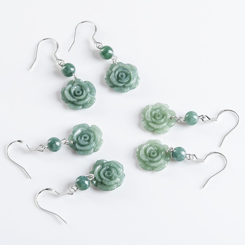 Genuine Jadeite Bean Green Rose Earrings, S925 Silver – Elegant Women's Jewelry - STAR8S
