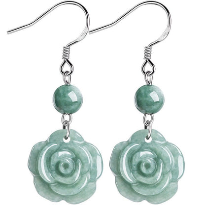 Genuine Jadeite Bean Green Rose Earrings, S925 Silver – Elegant Women's Jewelry - STAR8S