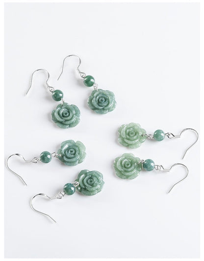 Genuine Jadeite Bean Green Rose Earrings, S925 Silver – Elegant Women's Jewelry - STAR8S
