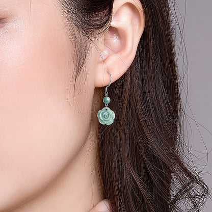 Genuine Jadeite Bean Green Rose Earrings, S925 Silver – Elegant Women's Jewelry - STAR8S