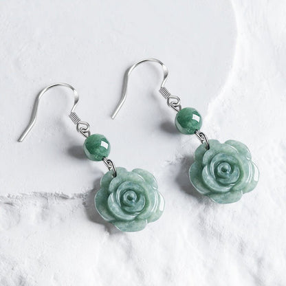 Genuine Jadeite Bean Green Rose Earrings, S925 Silver – Elegant Women's Jewelry - STAR8S